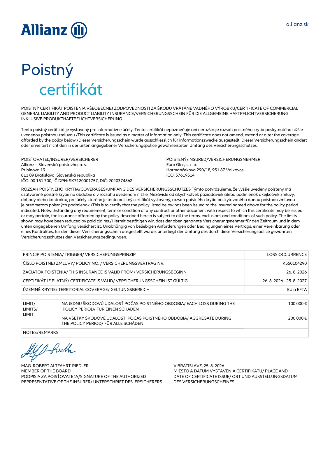 Poistný certifikát Allianz pre Euro Glas, s. r. o.